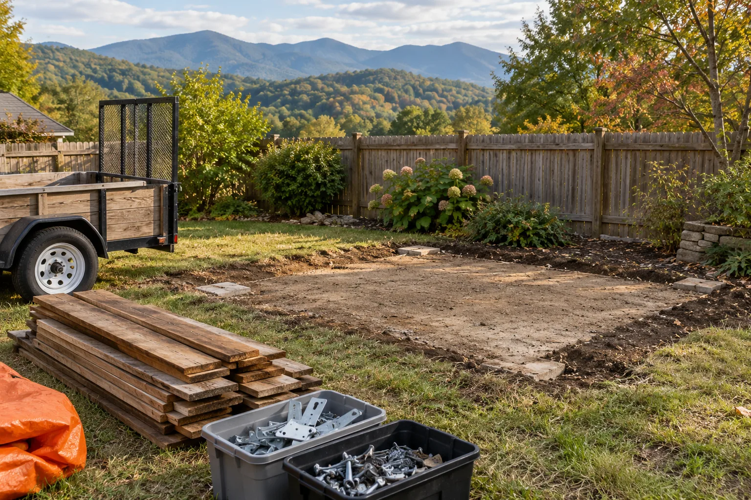 Cleared backyard pad with materials organized for removal